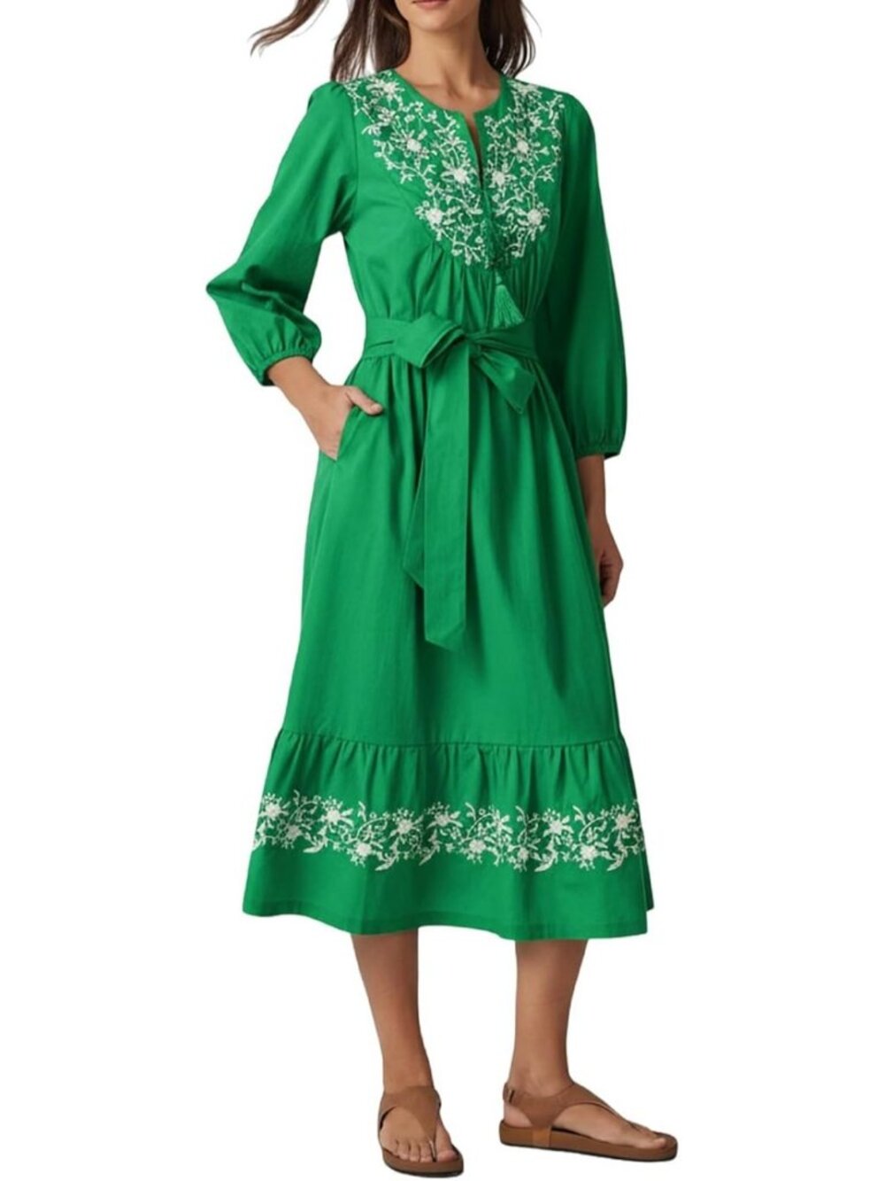 Chic Women's Fall Midi Dress - 3/4 Sleeve, Embroidered, Perfect for Summer